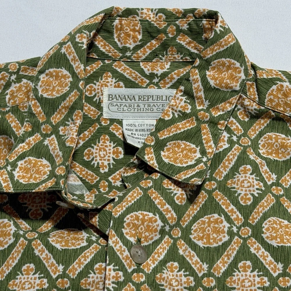 Vintage Banana Republic Safari Travel Botanical Print Shirt XS 80s Green Cotton
